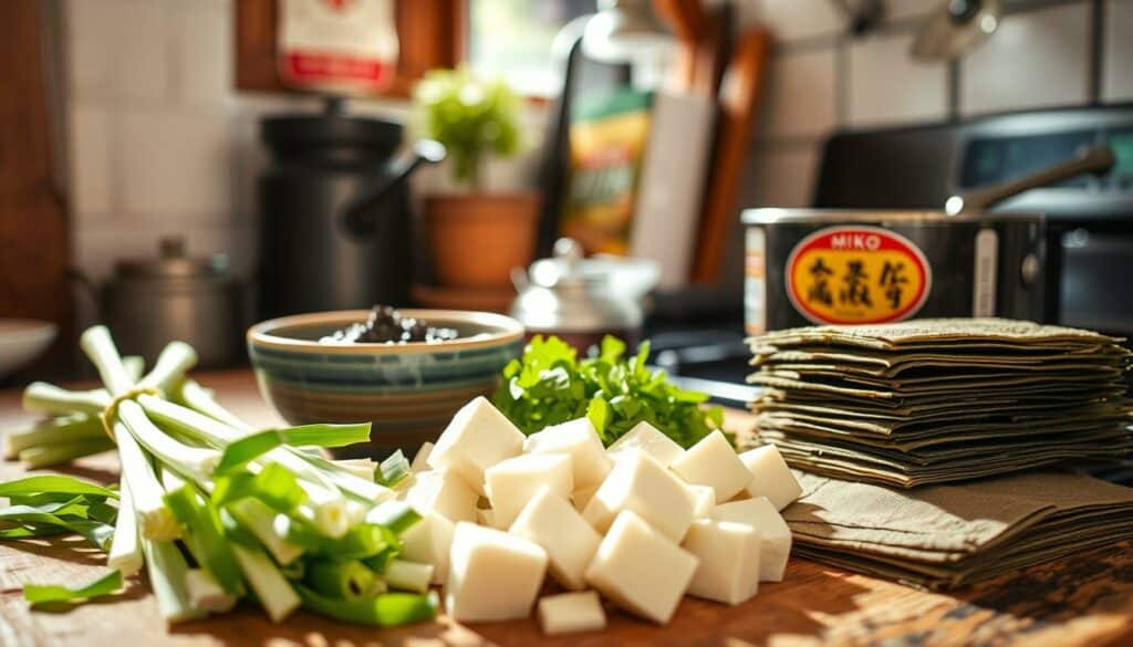 A rustic kitchen counter filled with the essential ingredients for homemade miso soup - freshly sliced scallions, firm tofu cubes, dark miso paste in a classic ceramic bowl, and a stack of dried wakame seaweed sheets. Bright natural light streams in through a nearby window, casting a warm glow on the scene. In the background, a Miko Brand miso soup base simmers gently on the stovetop, its savory aroma filling the air. The overall mood is cozy and inviting, evoking the comforting ritual of preparing a nourishing bowl of miso soup from scratch.